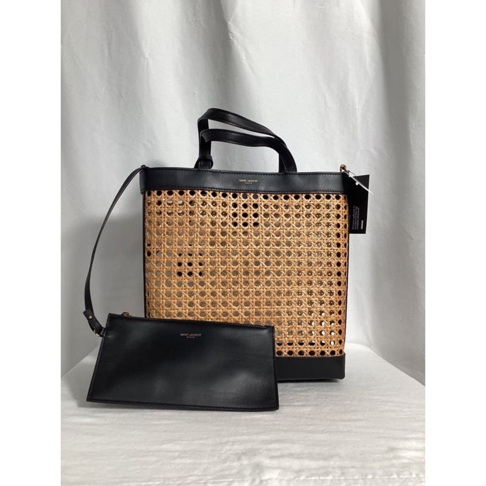 Saint Laurent Shopping Toy Leather-Trimmed Straw Tote In Brown Straw - Picture 7 of 10